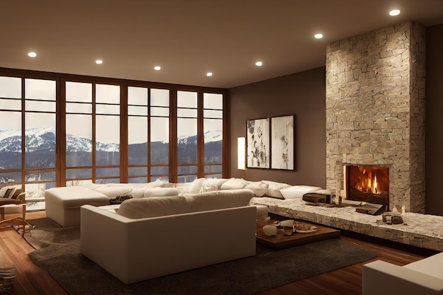 White living room with burning fireplace and large windows overlooking mountains