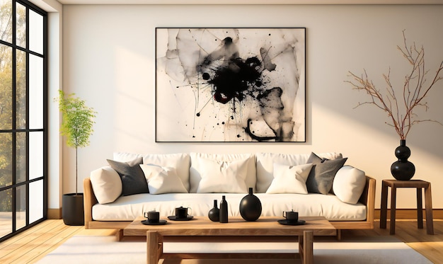 A white living room with couch and art work