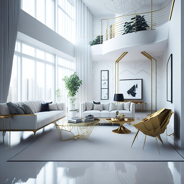 White living room with free space with golden details