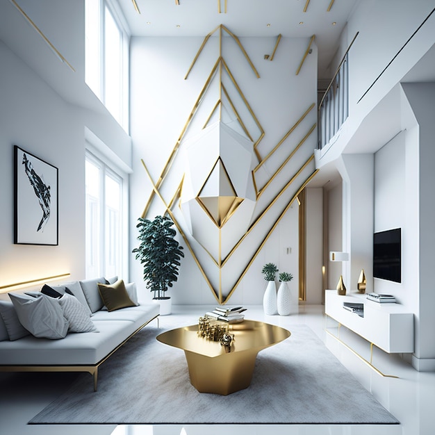 Белая гостиная со свободным пространством и золотыми деталями
