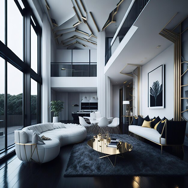 Photo white living room with free space with golden details