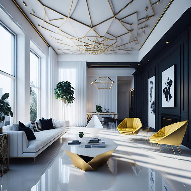 White living room with free space with golden details