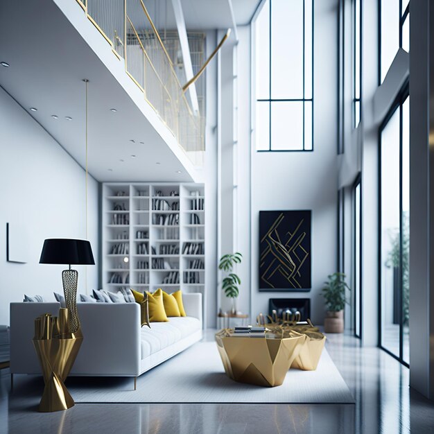 White living room with free space with golden details