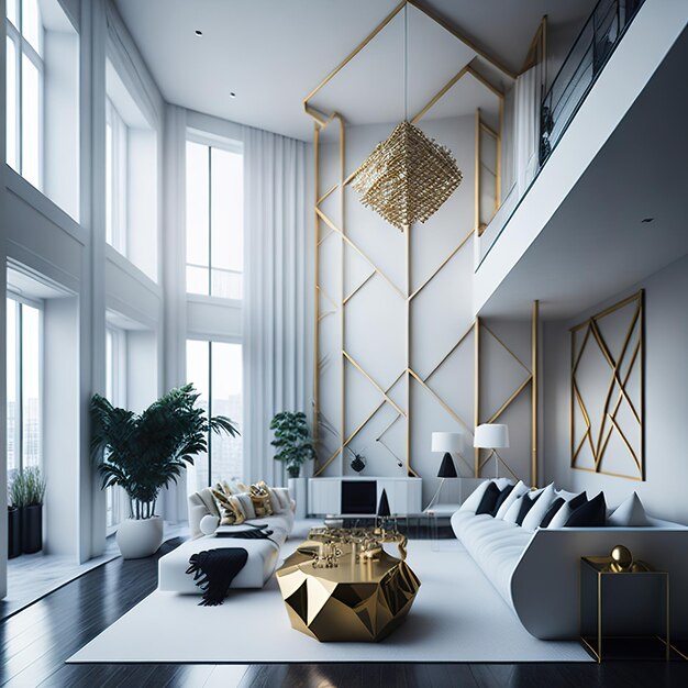 White living room with free space with golden details