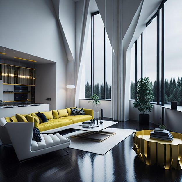 White living room with free space with golden details