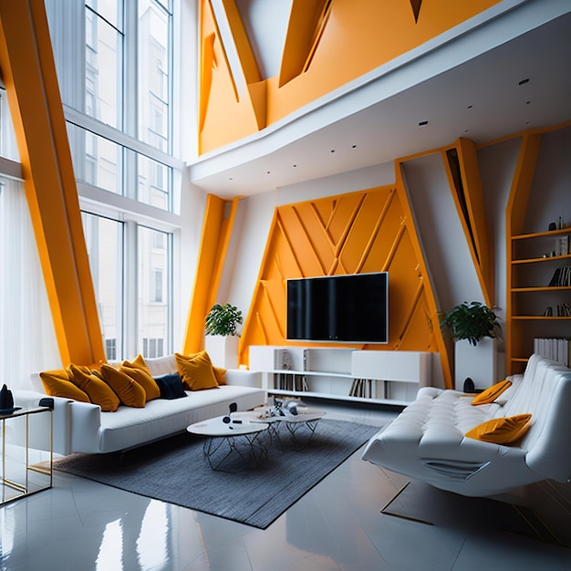 Белая гостиная со свободным пространством и желтыми деталями