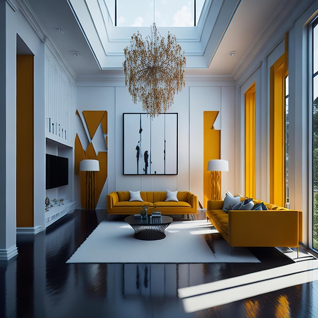 White living room with free space with yellow details