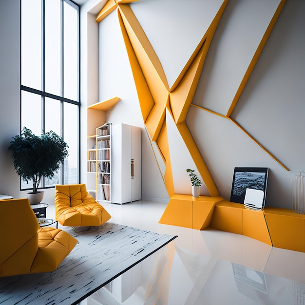 White living room with free space with yellow details