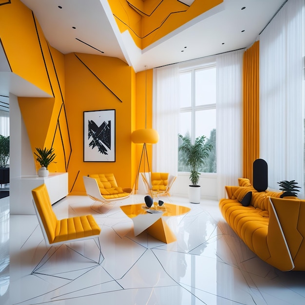 White living room with free space with yellow details