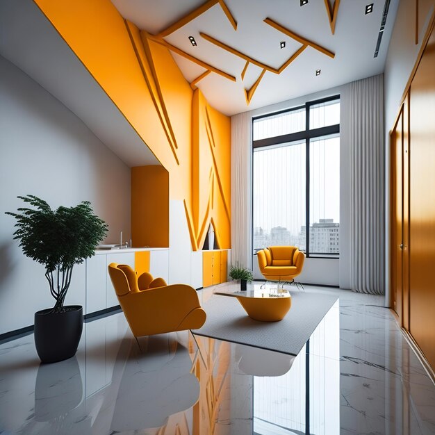 White living room with free space with yellow details