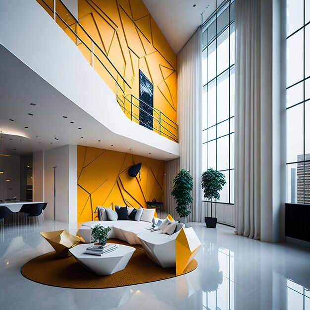 Белая гостиная со свободным пространством и желтыми деталями