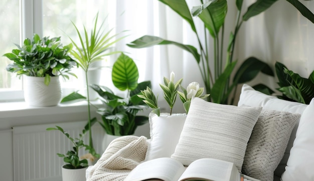 white living room with green plants and a book