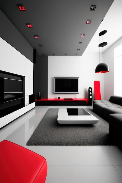 White Living Room With Luxury Red Chair