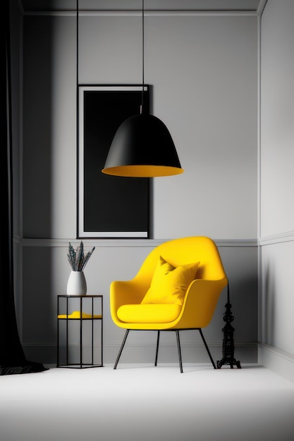 белая гостиная с роскошным желтым креслом и акцентами на диване