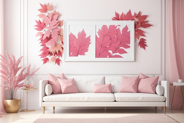 White living room with picture blank frame blow pink leaves