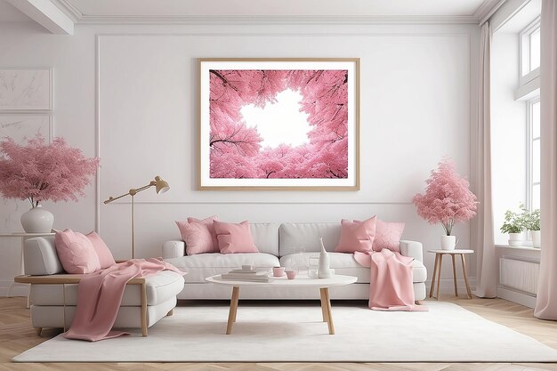 White living room with picture frame blow pink leaves