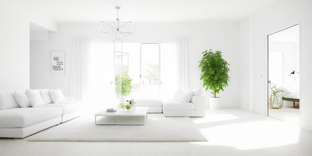 White living room with a white sofa and green plants