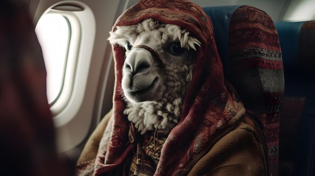 A white llama sits in a plane with a red scarf.