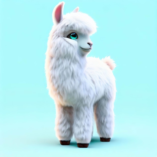 A white llama with blue eyes and blue eyes stands in front of a blue background