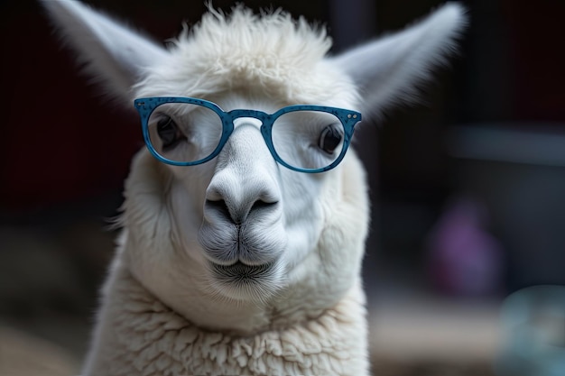 A white llama with glasses on