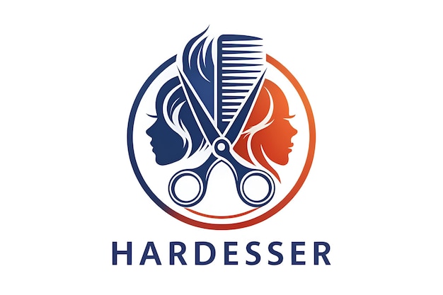 a white logo with a woman and a pair of scissors
