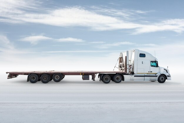 White long distance bonnet truck with a semitrailer isolated on bright background with sky