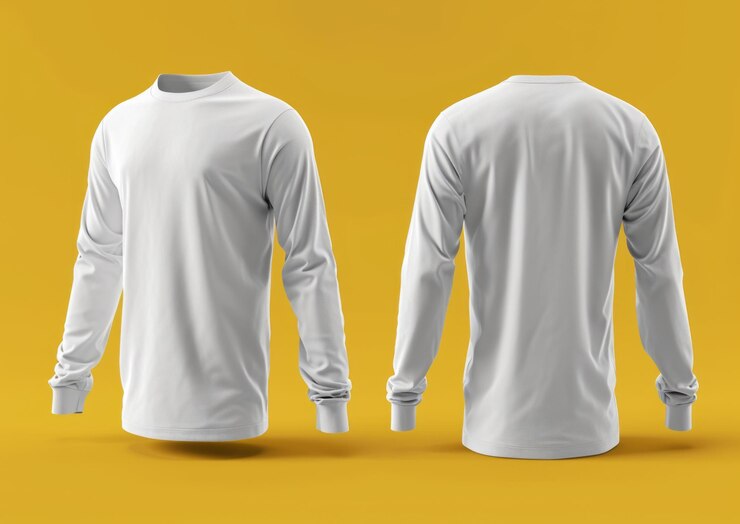 Photo white long sleeve tshirt in front and back view ghost mannequin concept on yellow background