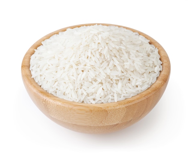 White longgrain rice in wooden bowl isolated on white background with clipping path