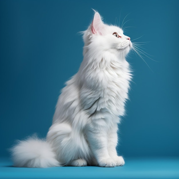 White longhair cat Show the whole body of the cat on blue background