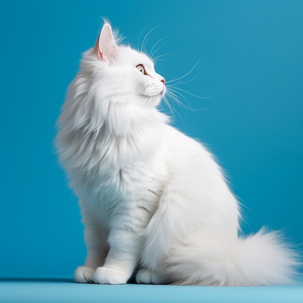 흰색 롱헤어 고양이 파란색 배경에 고양이의 전신을 보여줍니다.