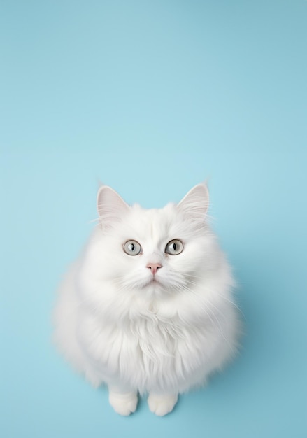 White longhair Scottish Fold cat looking up on a blue background