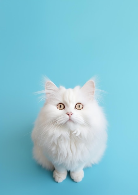 Белая длинношерстная шотландская вислоухая кошка смотрит вверх на голубом фоне