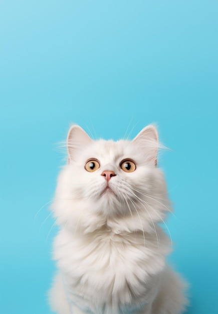 White longhair Scottish Fold cat looking up on a blue background
