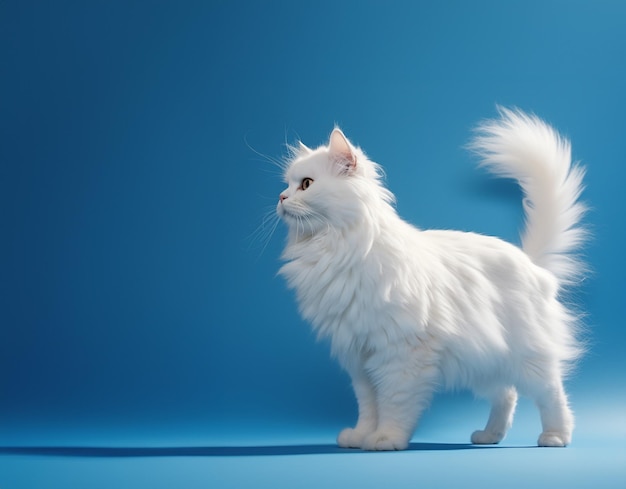 青色の背景の上を歩く白い長毛スコティッシュフォールド猫