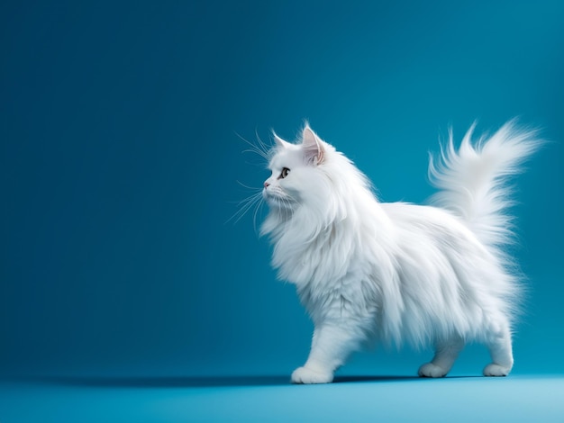 White longhair Scottish Fold cat walking on a blue background