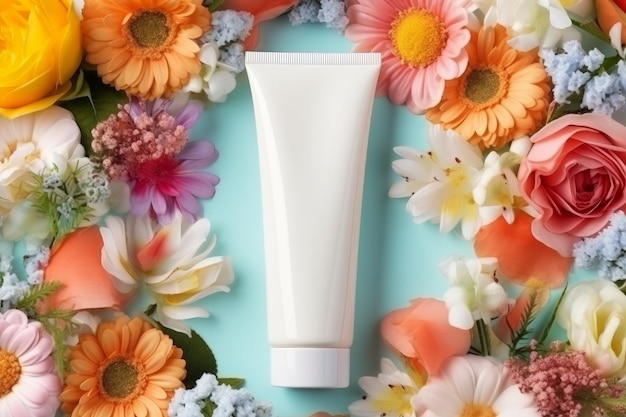 White lotion tube on a bed of colorful flowers