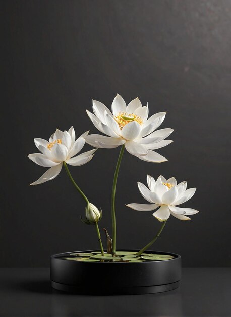 a white lotus flower in a black pot