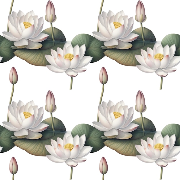 Photo white lotus flower floral seamless pattern on white background