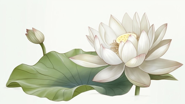 A white lotus flower with a green leaf on it