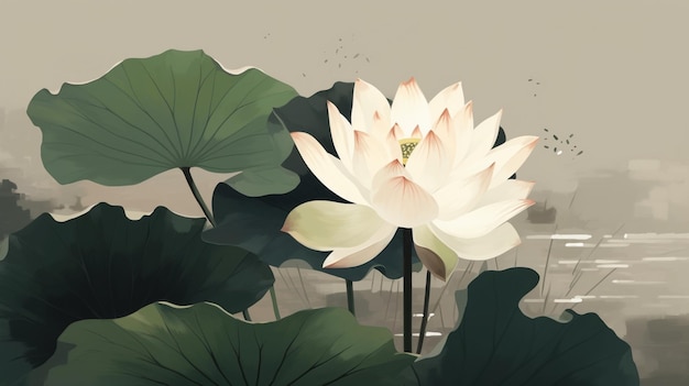 A white lotus flower with leaves on the bottom and a green leaf on the bottom.