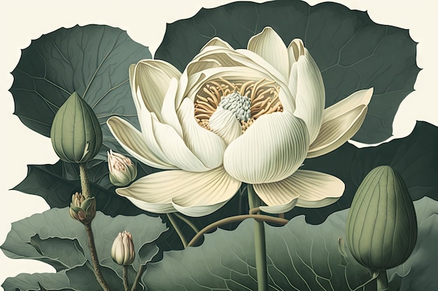 White Lotus Flowers Isolated Water Lily Tropical Lake Plant Drawing Imitation Abstract Generative AI Illustration