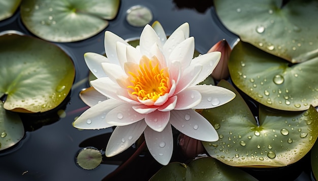 White Lotus with Yellow Pollen on the Surface of Pond