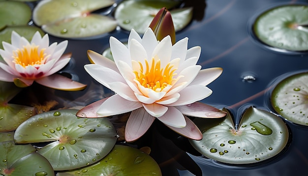 White Lotus with Yellow Pollen on the Surface of Pond