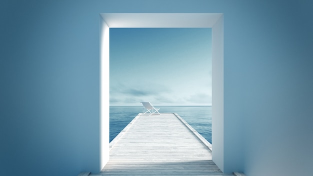 White lounger & Wooden pier on the tropical beach with blue sea and sky