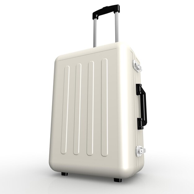 White luggage stands on the floor