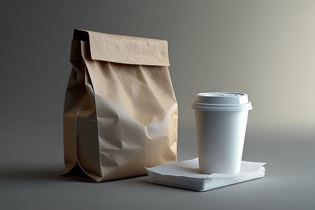 On white a lunch bag and a coffee cup