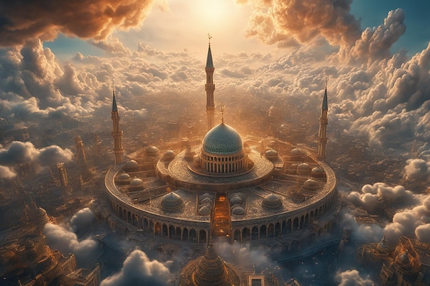 Photo white luxury mosque above the clouds