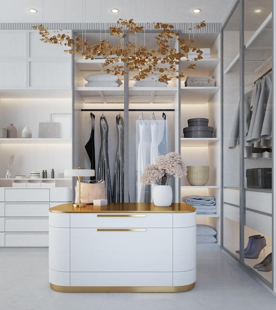 Photo white luxury walk in closet interior with light frome dressing table 3d rendering