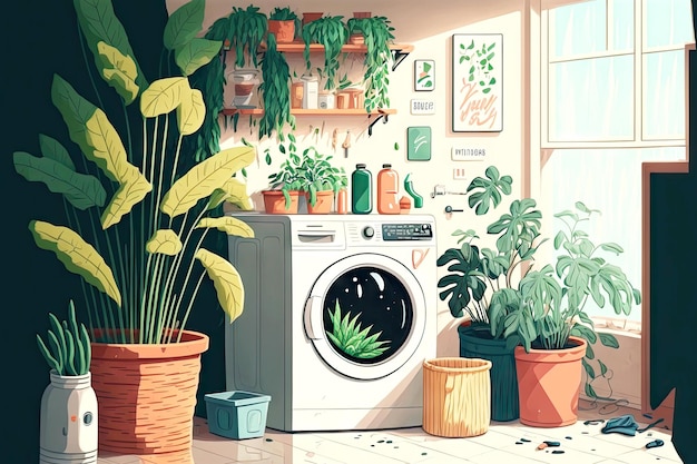 White machine washing in interior with green plants on shelves