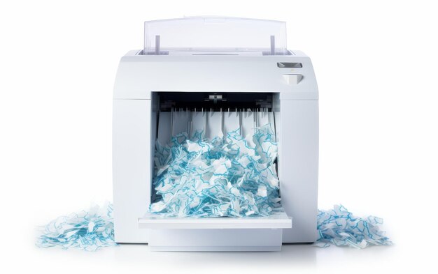 White Machine With Blue Shredded Paper